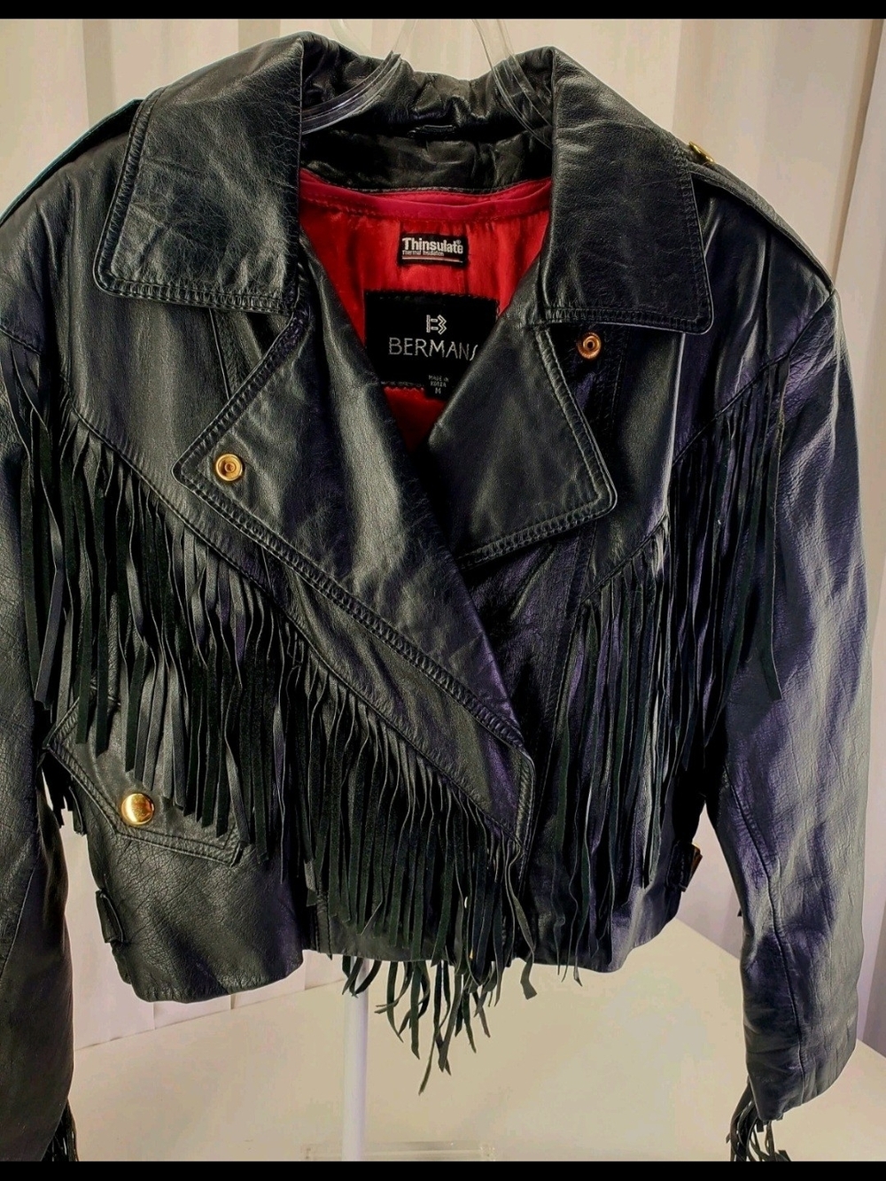 Bermans Women's Vintage Black Leather Fringe Moto Jacket. Sz M.  Excellent